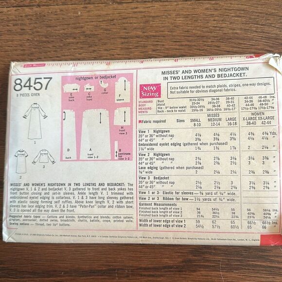 Vtg 1969 Simplicity 8457 Misses & Womens Nightgown & Bed Jacket Sewing Pattern - Picture 2 of 4